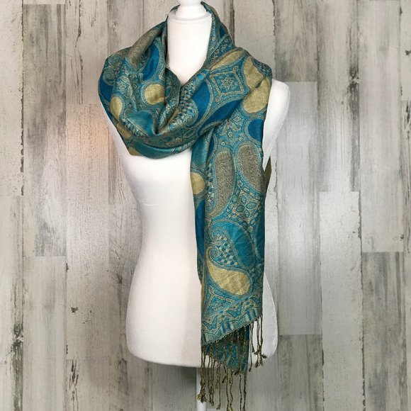pashmina Accessories - Turquoise and tan fringed cashmere pashmina